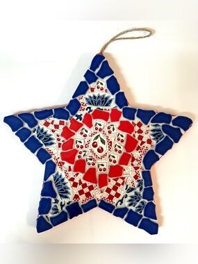 Handmade Mosaic Glass & Broken China Patriotic Red White Blue Star Wall Decor